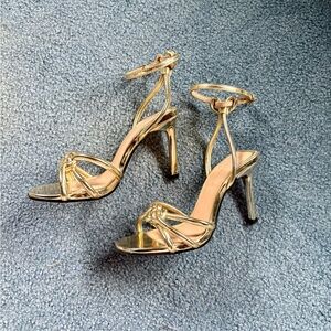 Gold Metallic Knot-Front Ankle Strap Heels